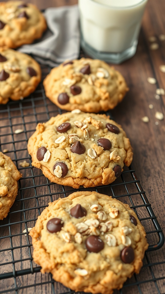 A single crumble cookie with a golden edge and crumbly topping, on a cooling rack with a glass of milk.